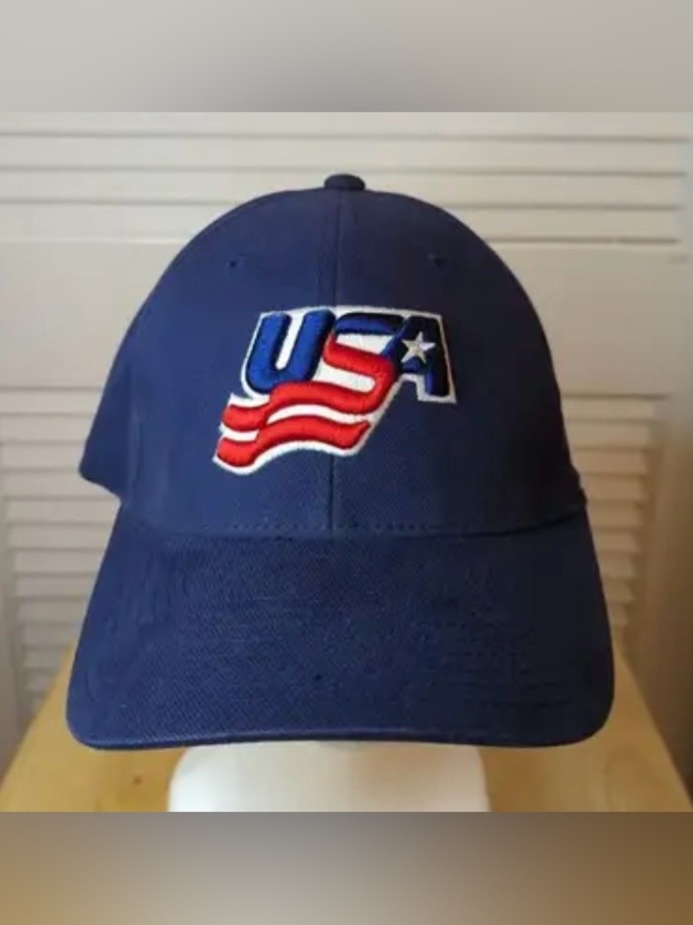 Vintage NIKE USA Hockey Navy Blue Red White Embroidered Flex Fit Hat-Med / Large